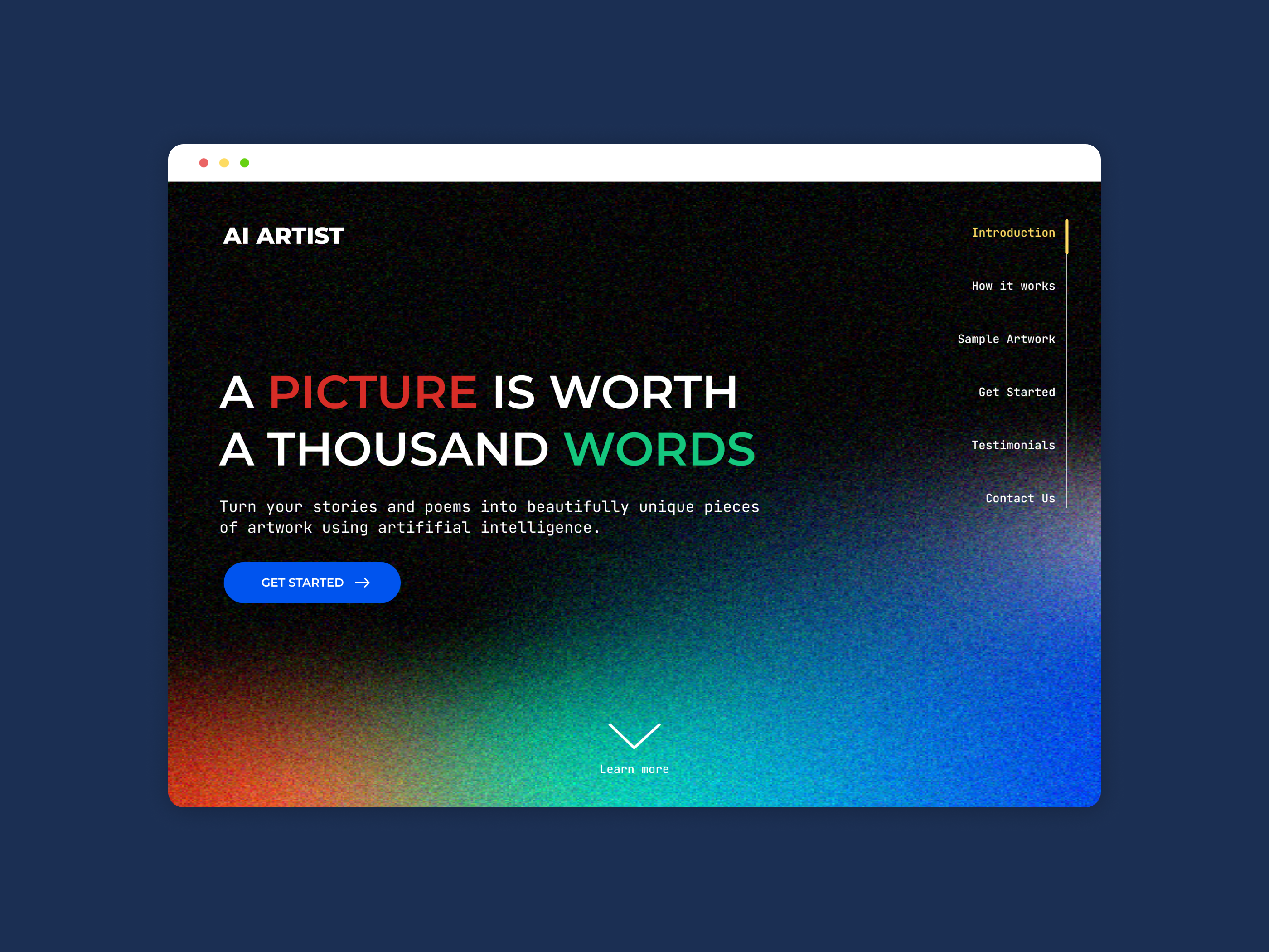 Mockup of the landing page of an AI art generator